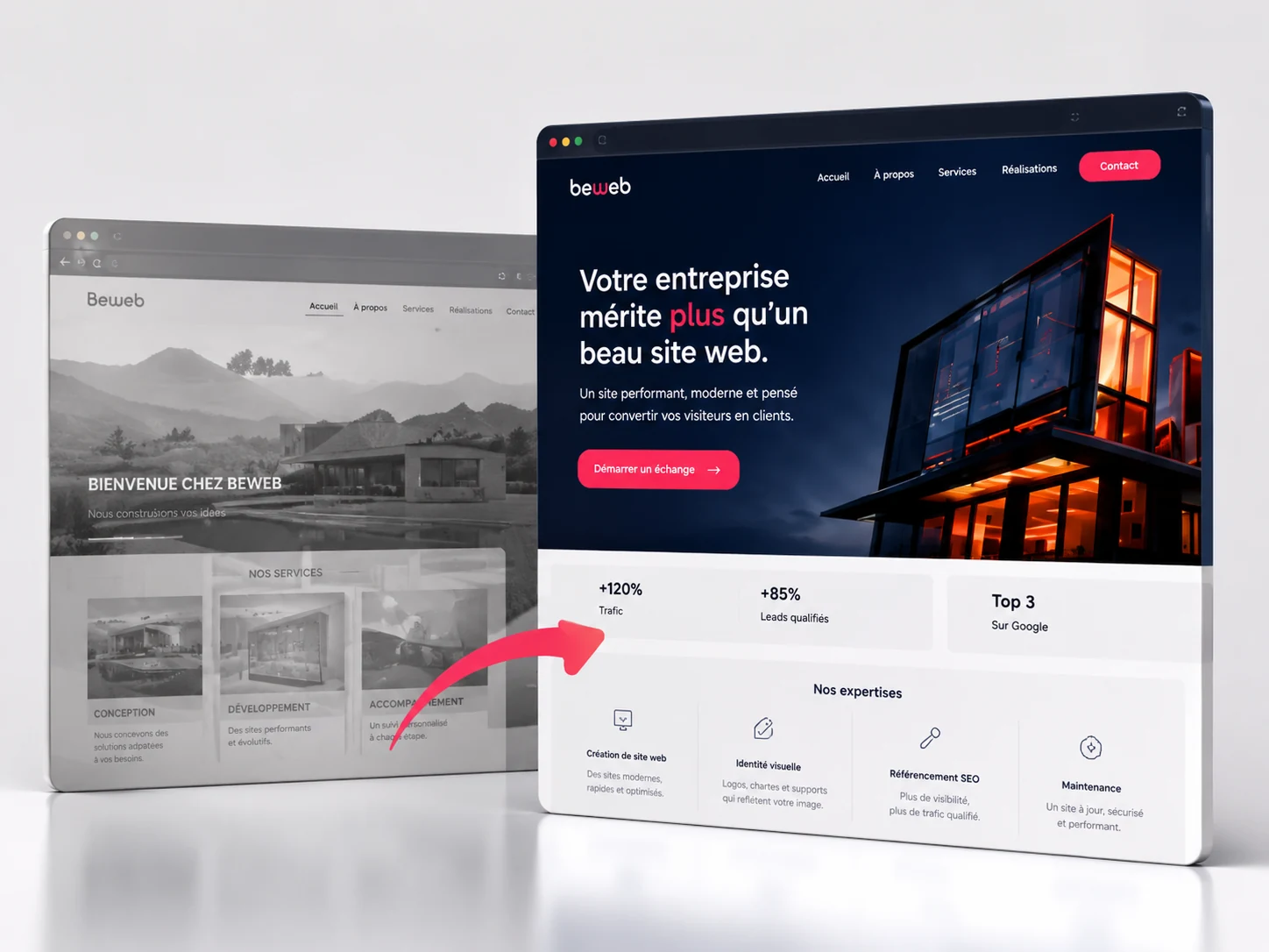 Refonte de site web professionnel avec comparaison avant et après modernisation
