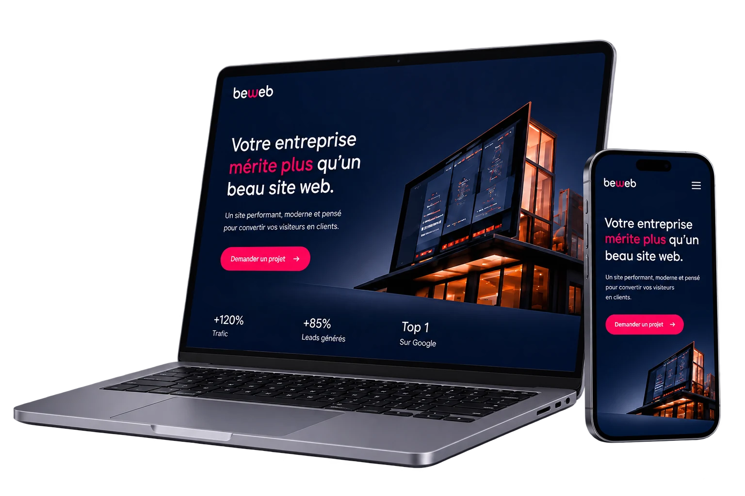 Site web professionnel responsive présenté sur ordinateur portable et smartphone
